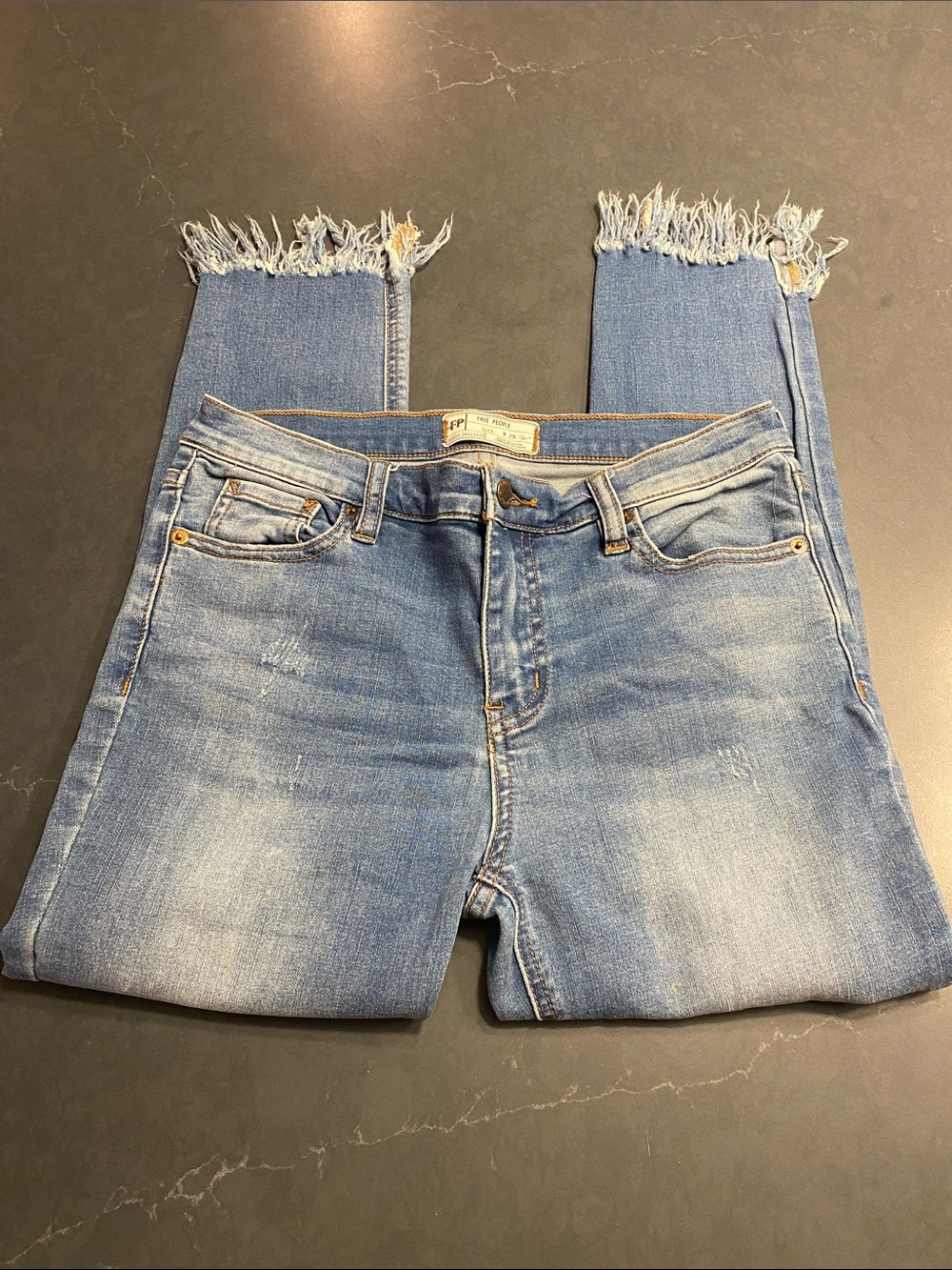 Free People Denim High-Rise Jeans With Fringe Cropped size 28